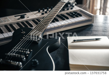 Close up, electric guitar and piano, musical creativity concept. 137031758