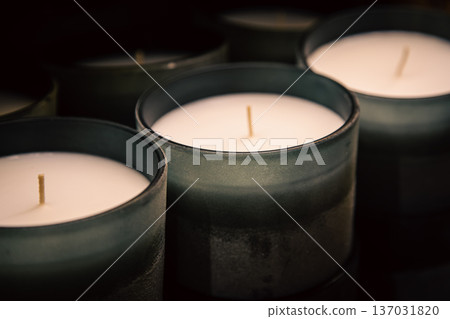 Close-up, a lot of candles on the store counter. Close-up, a lot of candles on the store counter. 137031820