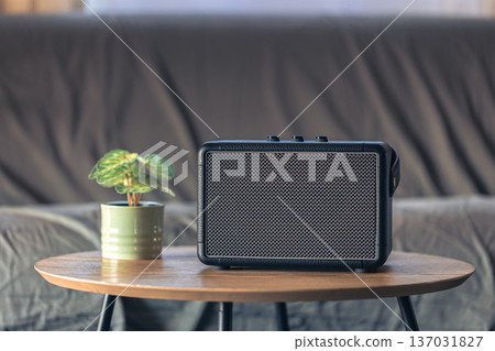 Close up, music speaker on a table in the interior of a room. 137031827