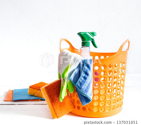 Home cleaning and cleaning basket copy space. Home cleaning and cleaning basket copy space. 137031851