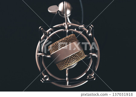 Close up of vintage microphone on a black background. Close up of vintage microphone on a black background. 137031918