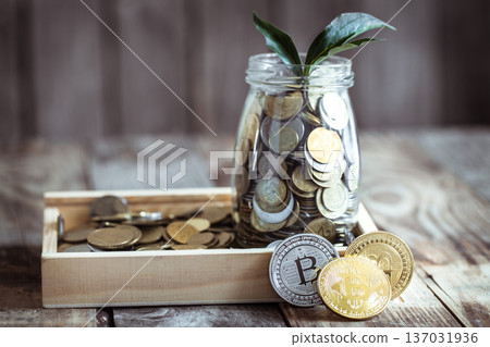 coin Bitcoin and a jar with coins coin Bitcoin and a jar with coins 137031936