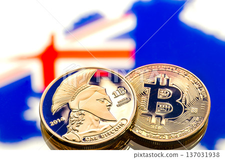 coins Bitcoin, against the background of Australia and the Australian flag, concept of virtual money, close-up. Conceptual image. 137031938
