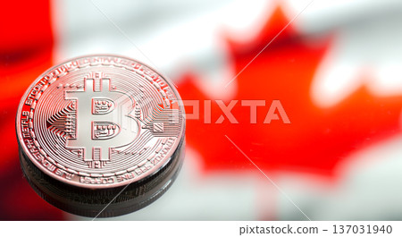 coins Bitcoin, against the background of Canada flag, concept of virtual money, close-up. Conceptual image. 137031940