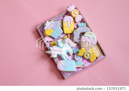 Flat lay box with colorful gingerbread cookies for children. Flat lay box with colorful gingerbread cookies for children. 137031971