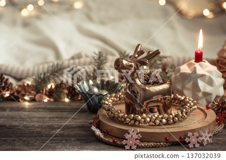 Composition with Christmas decorations in the interior. 137032039