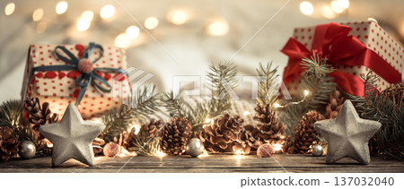 Composition with Christmas decorations in the interior. 137032040