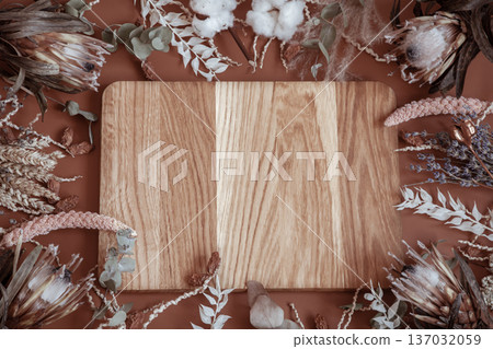 Floral arrangement with dry wildflowers and wooden element copy space. Floral arrangement with dry wildflowers and wooden element copy space. 137032059