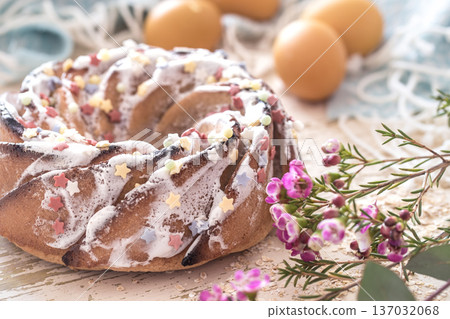 Composition with Easter sweet cake and eggs Composition with Easter sweet cake and eggs 137032068