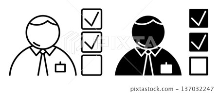 Linear icon. Diligent executive employee marks off a list of completed tasks. Simple vector isolated on white background Linear icon. Diligent executive employee marks off a list of completed tasks. Simple vector isolated on white background 137032247
