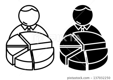 Linear isometric icon. Investor calculates income, expenses, and profit from investments in form of pie chart. Simple vector isolated on white background Linear isometric icon. Investor calculates income, expenses, and profit from investments in form of pie chart. Simple vector isolated on white background 137032250