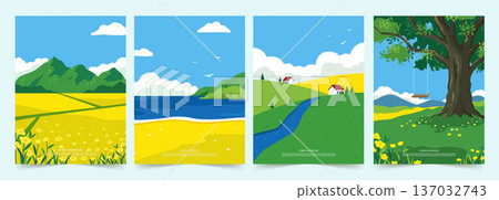 Summer landscapes showcasing vibrant nature scenes. Vector illustration 137032743