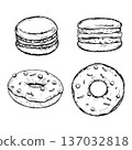 Monochrome ink drawing set of macarons and donuts with glaze and sprinkles. Hand sketched dessert collection arranged as pastry graphics for cafe menus, confectionery branding, product packaging Monochrome ink drawing set of macarons and donuts with glaze and sprinkles. Hand sketched dessert collection arranged as pastry graphics for cafe menus, confectionery branding, product packaging 137032818