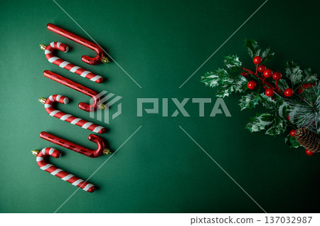 New Year Composition with Ornaments and Text Space on Green New Year Composition with Ornaments and Text Space on Green 137032987