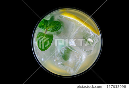 Overhead Mojito Cocktail on Black Surface Overhead Mojito Cocktail on Black Surface 137032996