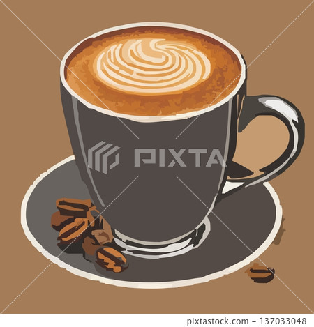卡布奇諾咖啡配咖啡豆－咖啡館的寫實插畫 137033048