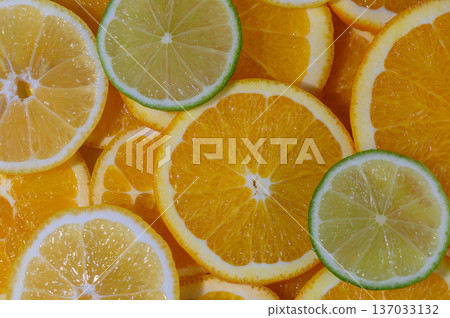 Bright Citrus Circles Geometric Food Background Bright Citrus Circles Geometric Food Background 137033132