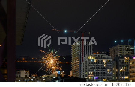 New Year Celebration Fireworks in Saburtalo District 137033152