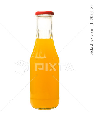 Glass Bottle of Fresh Orange Juice Isolated on White Background 137033183
