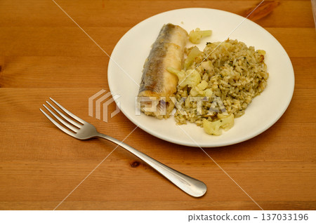 Golden Crispy Hake with Turmeric Rice and Cauliflower Medley Golden Crispy Hake with Turmeric Rice and Cauliflower Medley 137033196