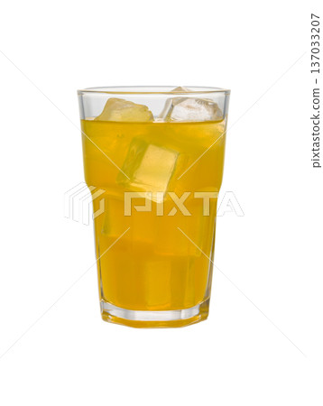 Glass of Orange Juice with Ice Cubes on White Background 137033207