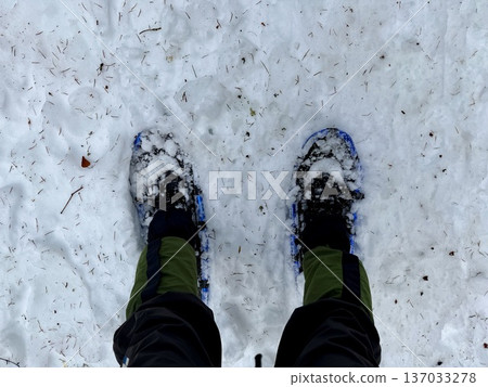 在北海道的卡米諾湖池塘周圍穿著雪鞋行走 在北海道的卡米諾湖池塘周圍穿著雪鞋行走 137033278
