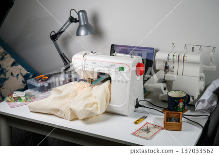 Cozy Sewing Corner with Vintage Machine and Handmade Tools Cozy Sewing Corner with Vintage Machine and Handmade Tools 137033562