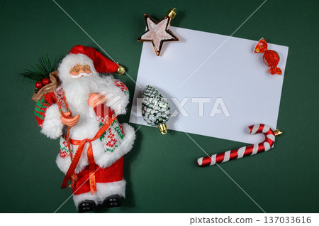 Christmas Card with Santa Claus on Green Background Space for Text Holiday Decor Christmas Card with Santa Claus on Green Background Space for Text Holiday Decor 137033616