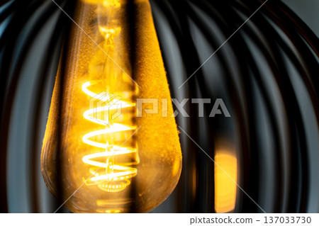 Spiral warm filament of a glowing bright light bulb inside a lampshade. The illuminated coil creates a cozy and inviting atmosphere with soft amber light. Perfect for home decor, interior lighting Spiral warm filament of a glowing bright light bulb inside a lampshade. The illuminated coil creates a cozy and inviting atmosphere with soft amber light. Perfect for home decor, interior lighting 137033730