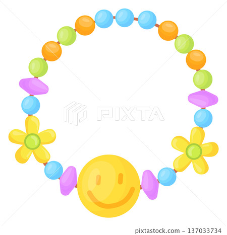 Plastic bracelet with yellow smile emoji. Happy face symbol Plastic bracelet with yellow smile emoji. Happy face symbol 137033734