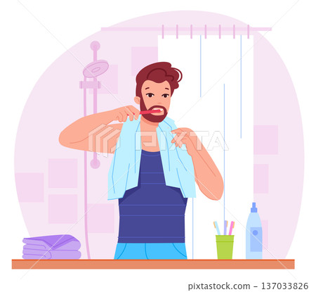 Man brushing teeth. Morning routine color icon Man brushing teeth. Morning routine color icon 137033826
