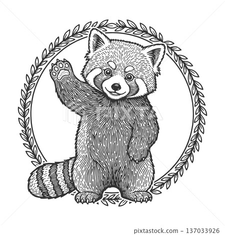 Cute Red Panda Waving Cartoon engraving vector Cute Red Panda Waving Cartoon engraving vector 137033926