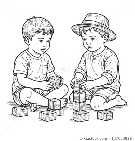 Two Toddlers Playing with Wooden Blocks raster 137033928