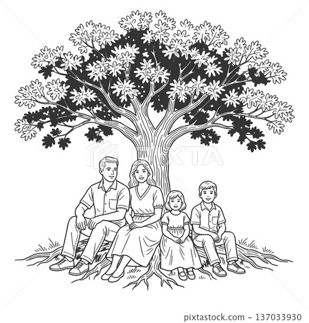 Happy Family Sitting Under Large Tree vector Happy Family Sitting Under Large Tree vector 137033930