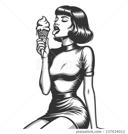 Woman Licking Ice Cream Cone vector illustration 137034012