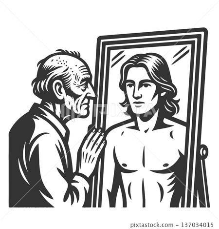 Aging Man Confronting His Younger Self in Mirror 137034015