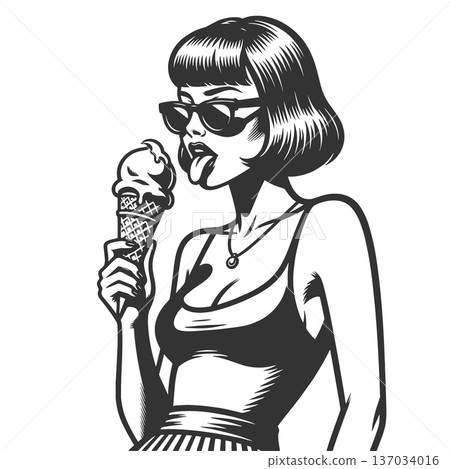 Girl in sunglasses licking melting ice cream Girl in sunglasses licking melting ice cream 137034016