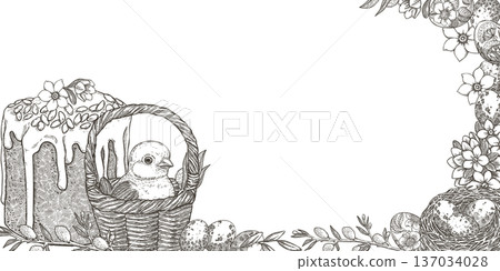 Easter banner with cute chick in basket and cake in vintage sketch style. Hand drawn vector background with nest and egg. Horizontal frame with copy space. Perfect for web design and holiday template. 137034028