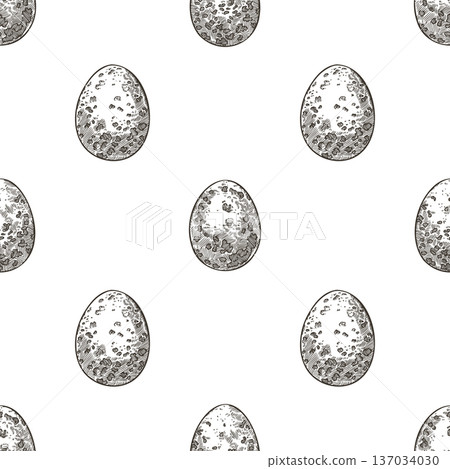 Easter seamless pattern with quail spotted eggs black and white background. Hand drawn vector staggered design in vintage sketch style. Outline print ideal for wallpaper or holiday fabric and paper. Easter seamless pattern with quail spotted eggs black and white background. Hand drawn vector staggered design in vintage sketch style. Outline print ideal for wallpaper or holiday fabric and paper. 137034030