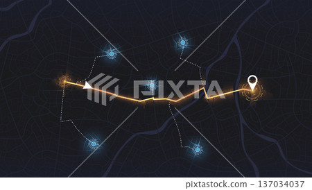 Futuristic city map with glowing orange navigation route and location markers. Vector illustration. Futuristic city map with glowing orange navigation route and location markers. Vector illustration. 137034037