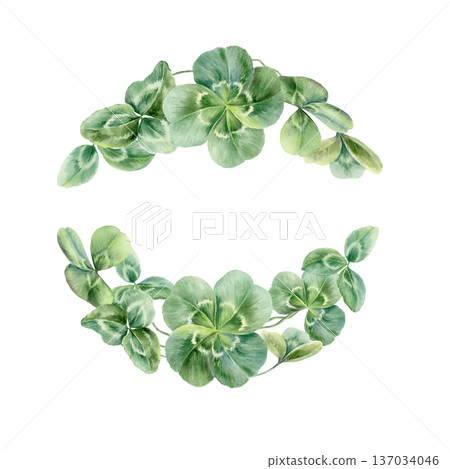 Semicircular clover sprig template,lucky four leafs clover,celebrating Irish traditional Saint Patricks Day.Watercolor illustration for holiday designs,greeting cards,cultural holidays Semicircular clover sprig template,lucky four leafs clover,celebrating Irish traditional Saint Patricks Day.Watercolor illustration for holiday designs,greeting cards,cultural holidays 137034046