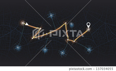 Dark digital city map displaying glowing orange tracking route and location marker. Vector illustration. Dark digital city map displaying glowing orange tracking route and location marker. Vector illustration. 137034055