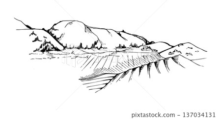 Agricultural landscape with patches of cultivated fields, distant mountains and hills on horizon. Isolated ink vector illustration hand drawn for rural tourism branding, editorial spreads, posters. 137034131