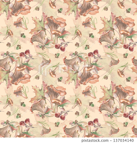 Rustic forest seamless pattern with acorns, chanterelles, and wild apples on beige. Hand drawn watercolor endless print for packaging, textile and autumn festive backgrounds. Cozy woodland repeat. 137034140