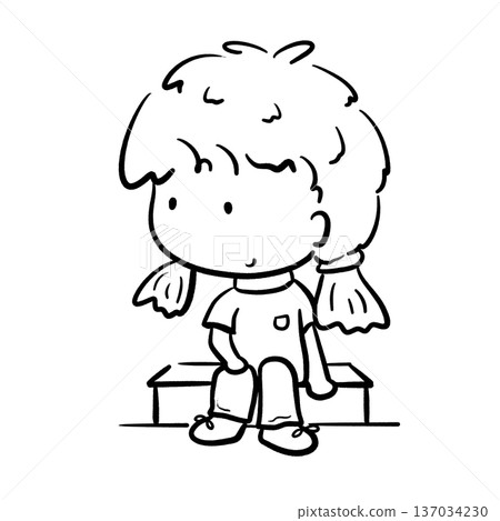 Little girl sitting on a bench looking right cartoon outline illustration Little girl sitting on a bench looking right cartoon outline illustration 137034230
