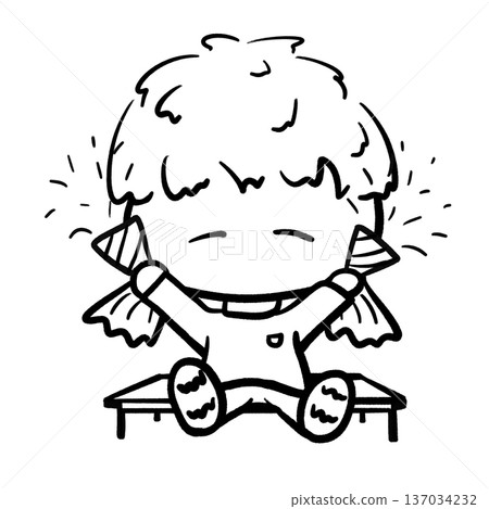 Little girl sitting on a bench holds party horns cheering cartoon outline illustration Little girl sitting on a bench holds party horns cheering cartoon outline illustration 137034232