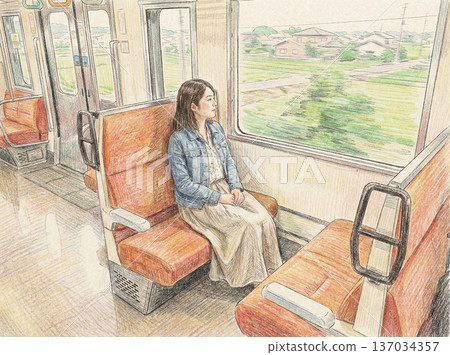Woman riding a train, colored pencil style Woman riding a train, colored pencil style 137034357