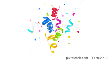 A background of colorful confetti with falling zigzag lines, perfect for celebrations. Festive decoration vector illustration. 137034402