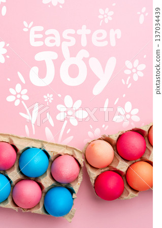 Colorful eggs and joy decoration for happy Easter celebration with flowers Colorful eggs and joy decoration for happy Easter celebration with flowers 137034439