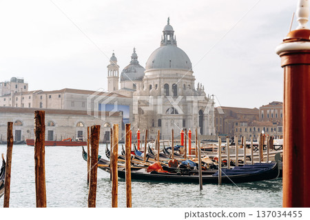 Gondolas and boats by the water near a large building in Venice during the day Gondolas and boats by the water near a large building in Venice during the day 137034455